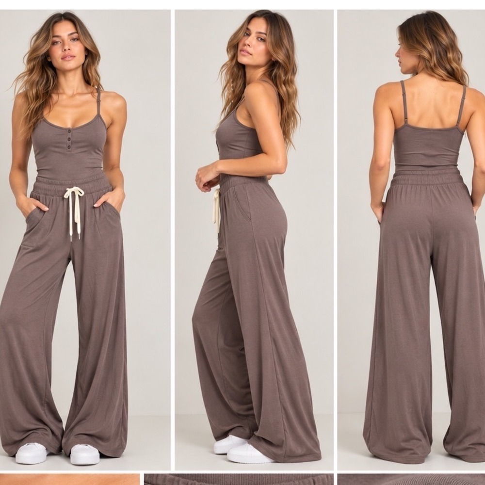 Vuori Women Jumpsuit Henley Ribbed Modal XS Brown Wide Leg Athleisure Loungewear